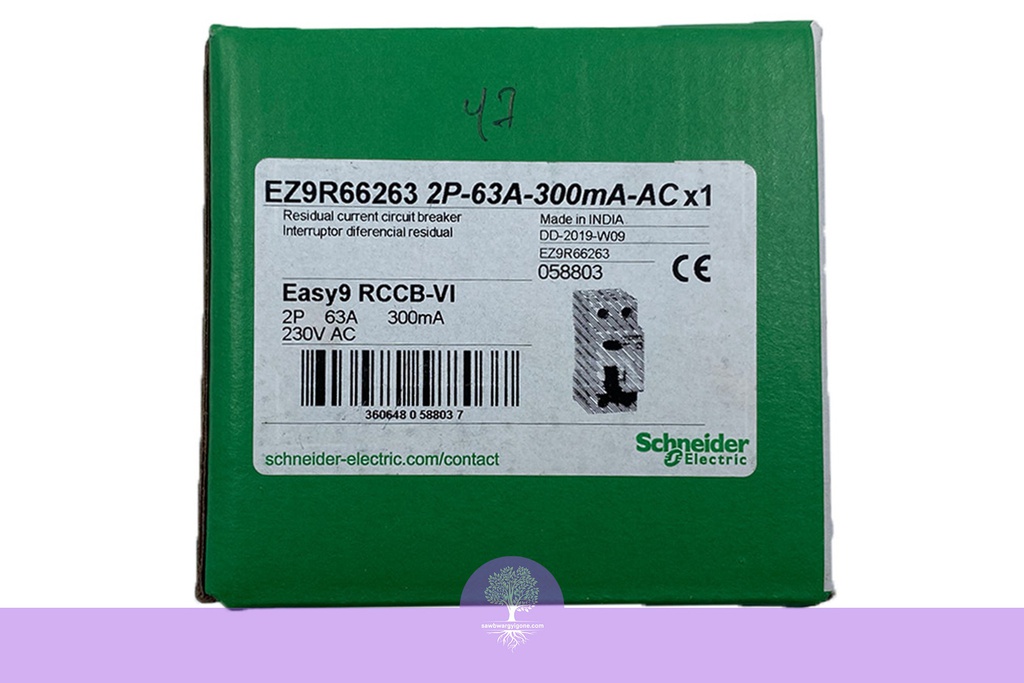 2Pole, 63A, 300mA, Easy9, AC Type, RCCB Breaker