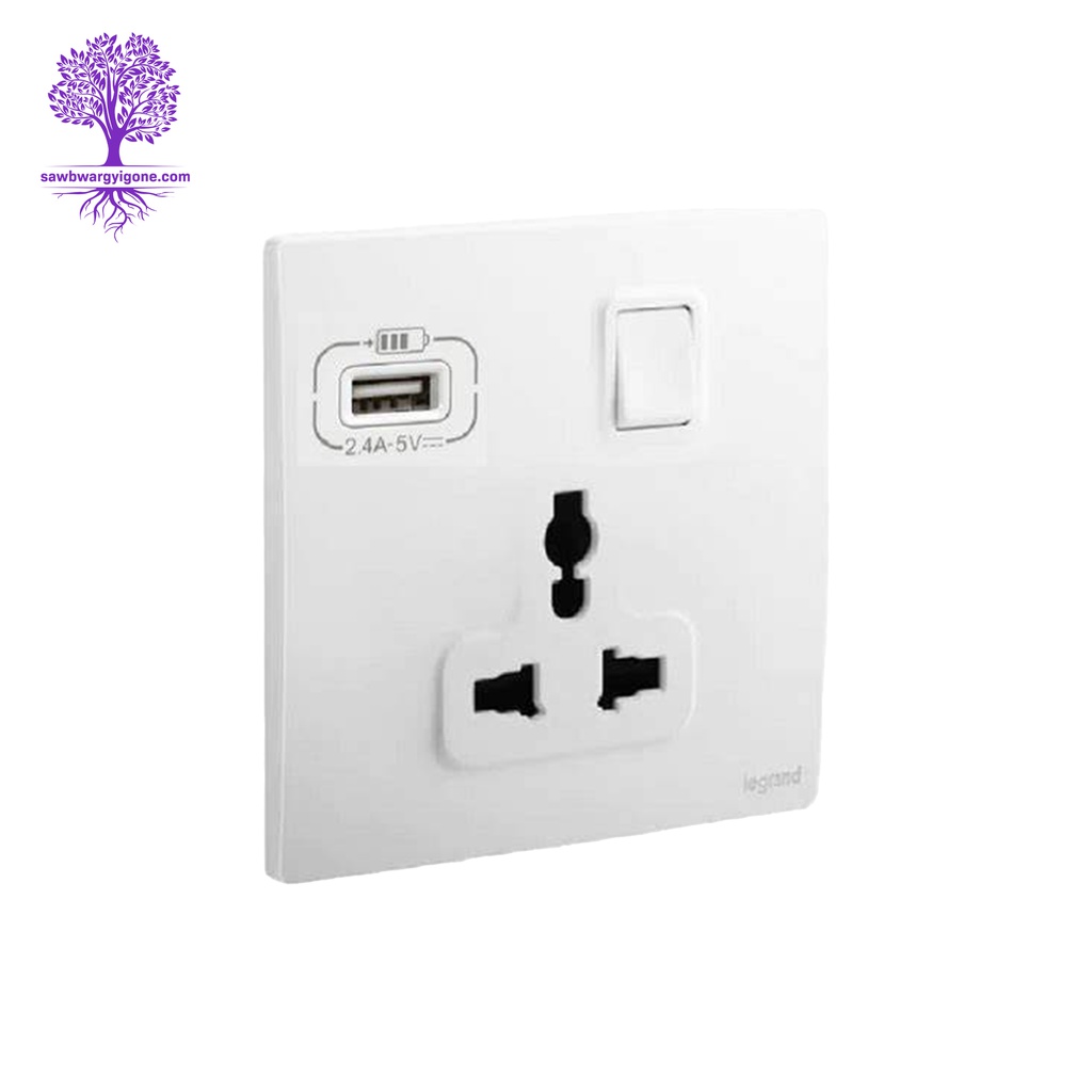 1 Gang, Legrand, Mallia Sense Series, Multistandard Switched Socket + 15W USB Type A Charger (Matt White)